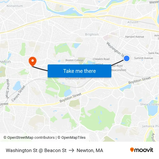 Washington St @ Beacon St to Newton, MA map