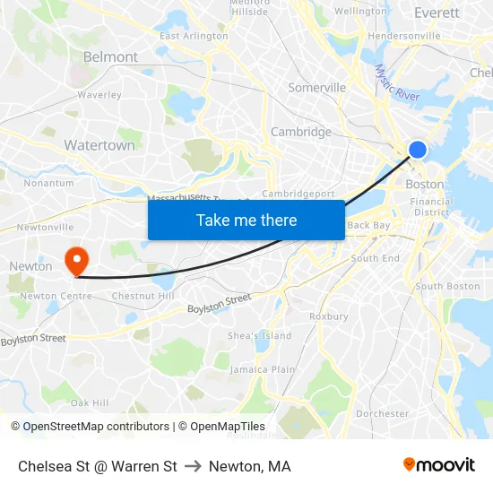 Chelsea St @ Warren St to Newton, MA map