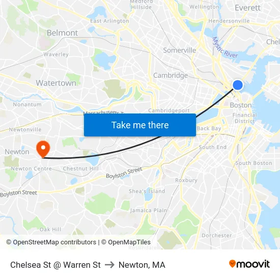 Chelsea St @ Warren St to Newton, MA map