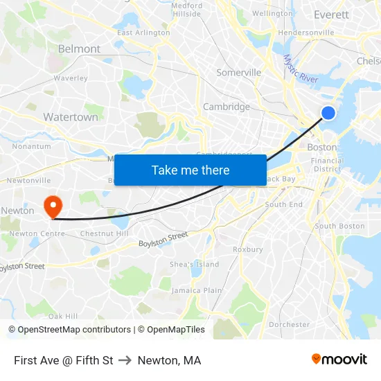 First Ave @ Fifth St to Newton, MA map