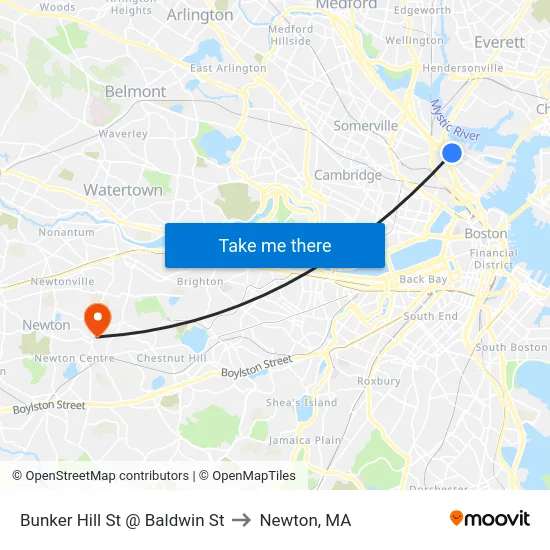 Bunker Hill St @ Baldwin St to Newton, MA map