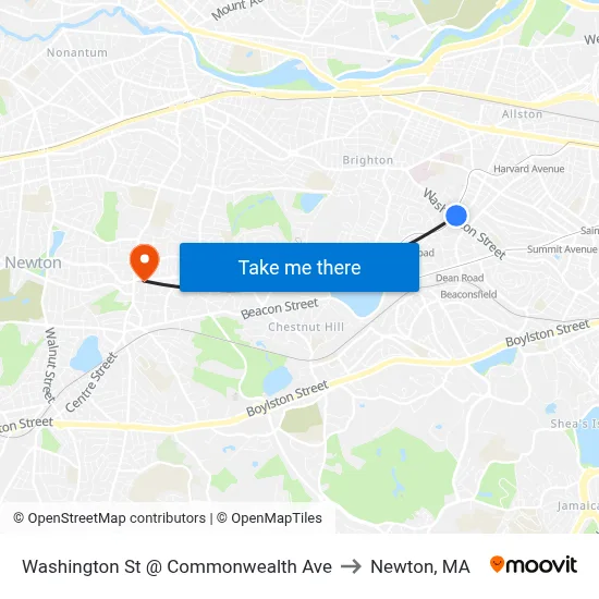 Washington St @ Commonwealth Ave to Newton, MA map