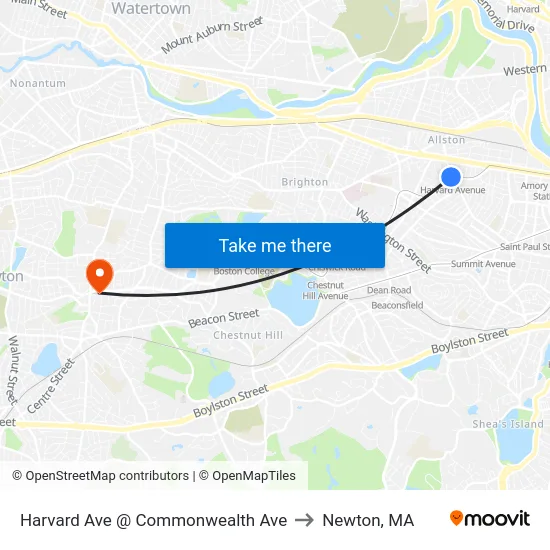 Harvard Ave @ Commonwealth Ave to Newton, MA map