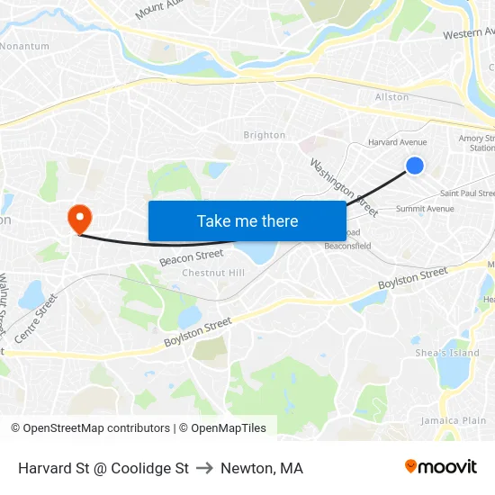 Harvard St @ Coolidge St to Newton, MA map