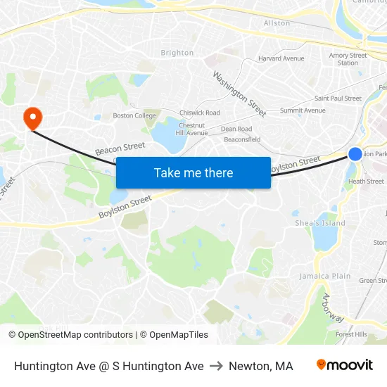Huntington Ave @ S Huntington Ave to Newton, MA map