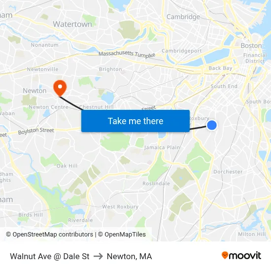 Walnut Ave @ Dale St to Newton, MA map