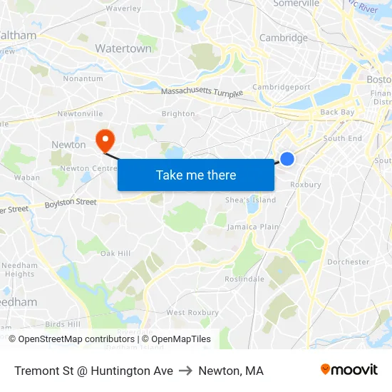 Tremont St @ Huntington Ave to Newton, MA map