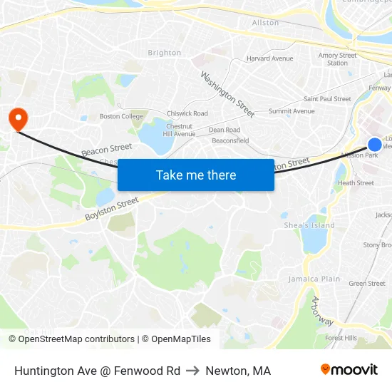 Huntington Ave @ Fenwood Rd to Newton, MA map