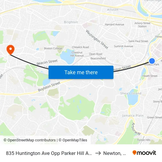 835 Huntington Ave Opp Parker Hill Ave to Newton, MA map