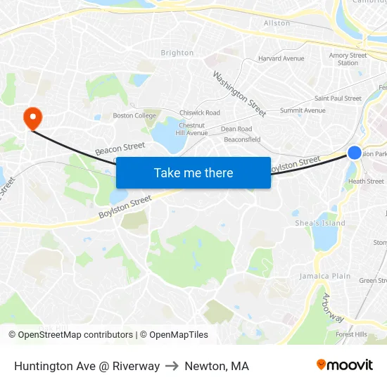 Huntington Ave @ Riverway to Newton, MA map