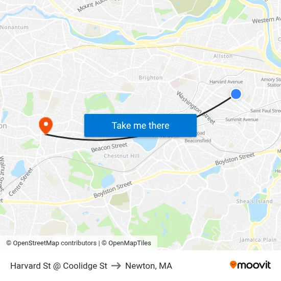 Harvard St @ Coolidge St to Newton, MA map