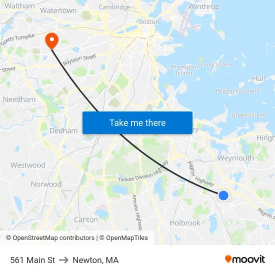 561 Main St to Newton, MA map