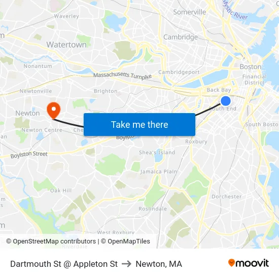 Dartmouth St @ Appleton St to Newton, MA map