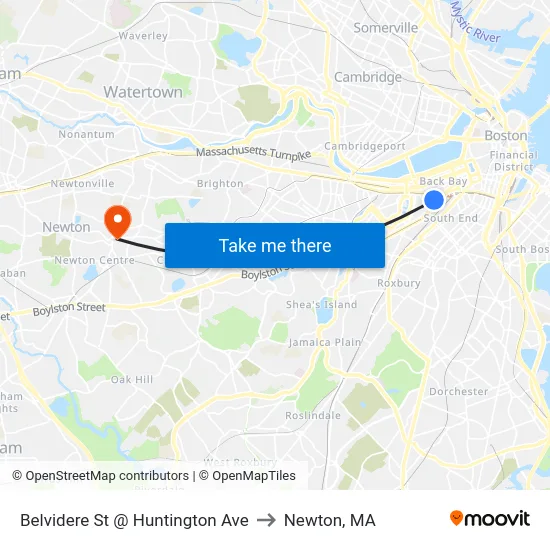 Belvidere St @ Huntington Ave to Newton, MA map