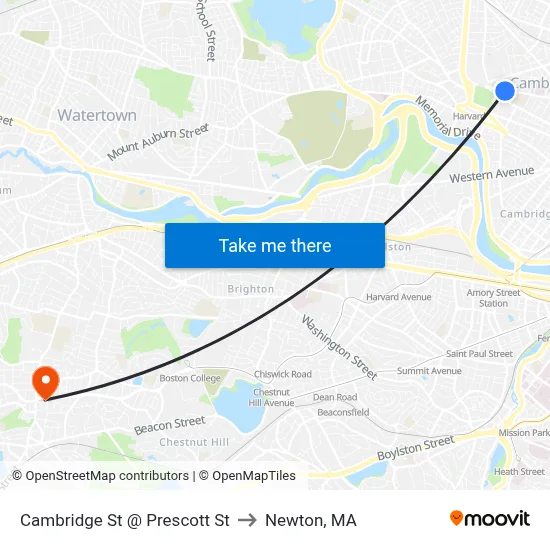 Cambridge St @ Prescott St to Newton, MA map