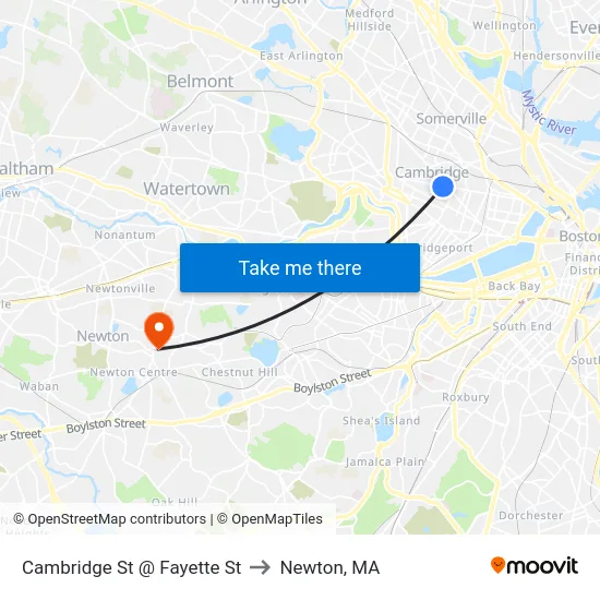 Cambridge St @ Fayette St to Newton, MA map