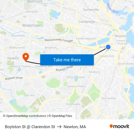 Boylston St @ Clarendon St to Newton, MA map