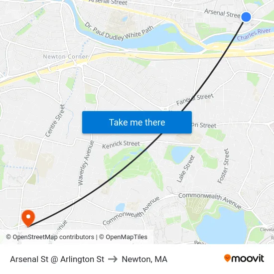 Arsenal St @ Arlington St to Newton, MA map