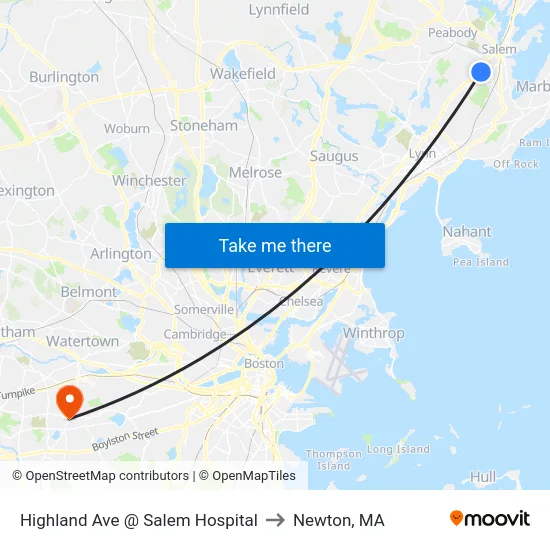 Highland Ave @ Salem Hospital to Newton, MA map