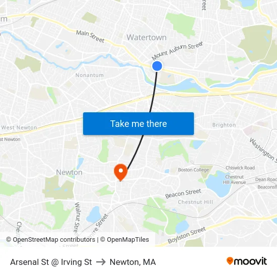 Arsenal St @ Irving St to Newton, MA map