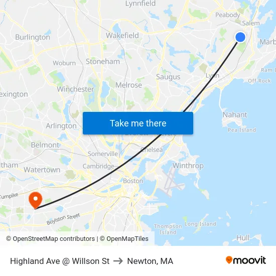 Highland Ave @ Willson St to Newton, MA map