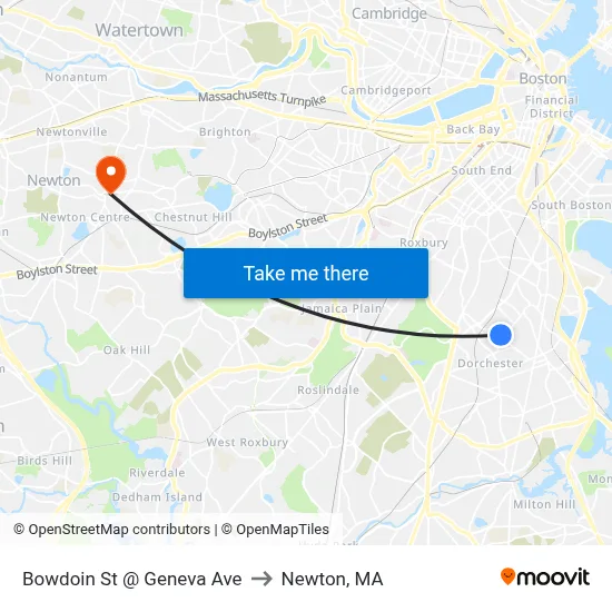 Bowdoin St @ Geneva Ave to Newton, MA map