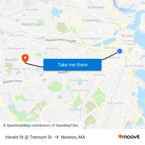 Herald St @ Tremont St to Newton, MA map