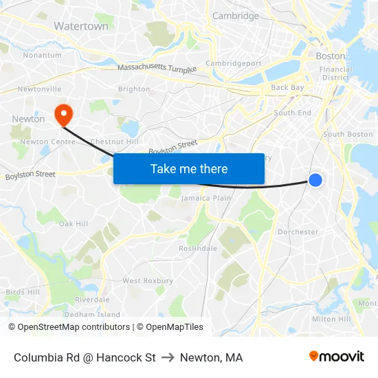 Columbia Rd @ Hancock St to Newton, MA map