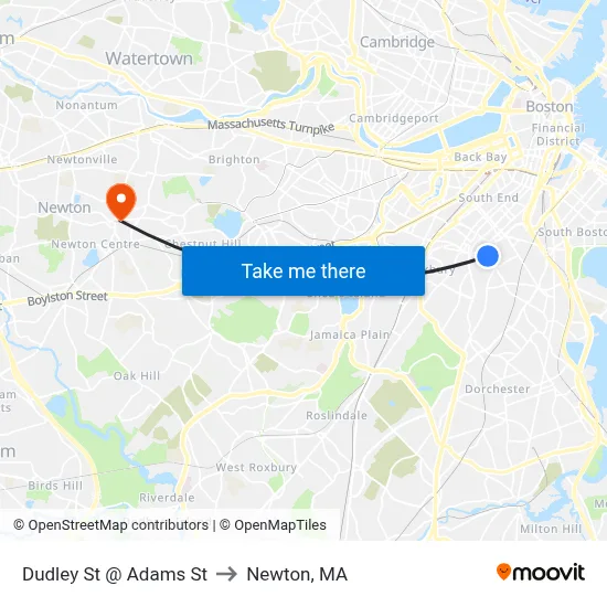 Dudley St @ Adams St to Newton, MA map