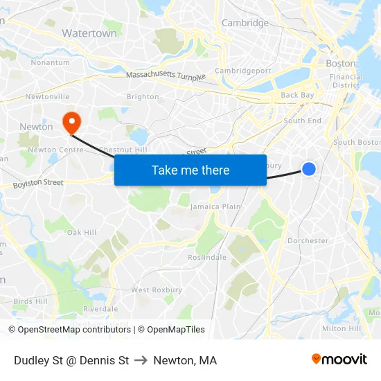 Dudley St @ Dennis St to Newton, MA map