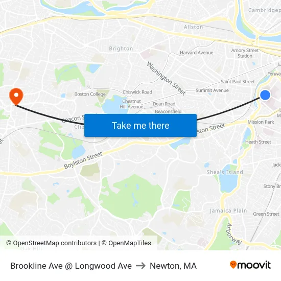 Brookline Ave @ Longwood Ave to Newton, MA map