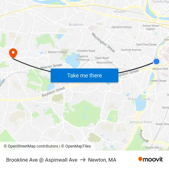 Brookline Ave @ Aspinwall Ave to Newton, MA map
