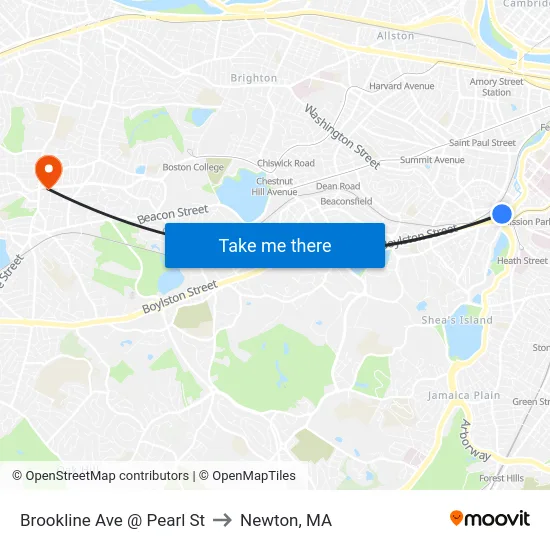 Brookline Ave @ Pearl St to Newton, MA map