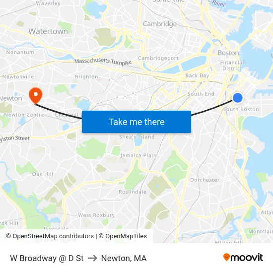 W Broadway @ D St to Newton, MA map