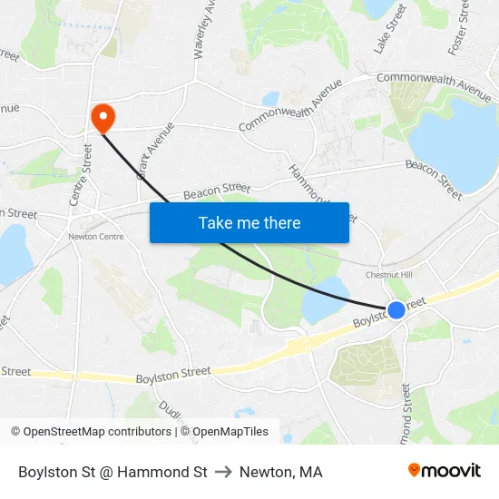 Boylston St @ Hammond St to Newton, MA map