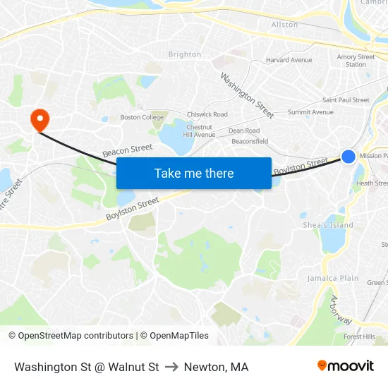 Washington St @ Walnut St to Newton, MA map