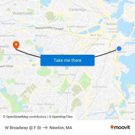 W Broadway @ F St to Newton, MA map