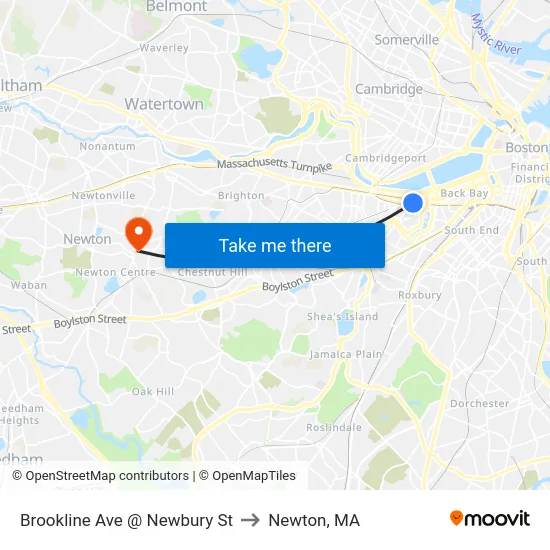 Brookline Ave @ Newbury St to Newton, MA map