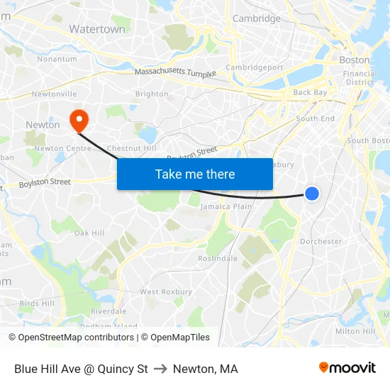 Blue Hill Ave @ Quincy St to Newton, MA map
