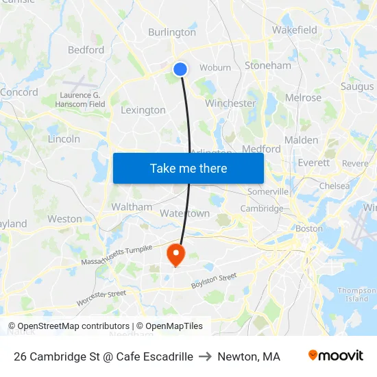 26 Cambridge St @ Cafe Escadrille to Newton, MA map