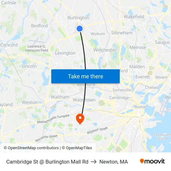 Cambridge St @ Burlington Mall Rd to Newton, MA map