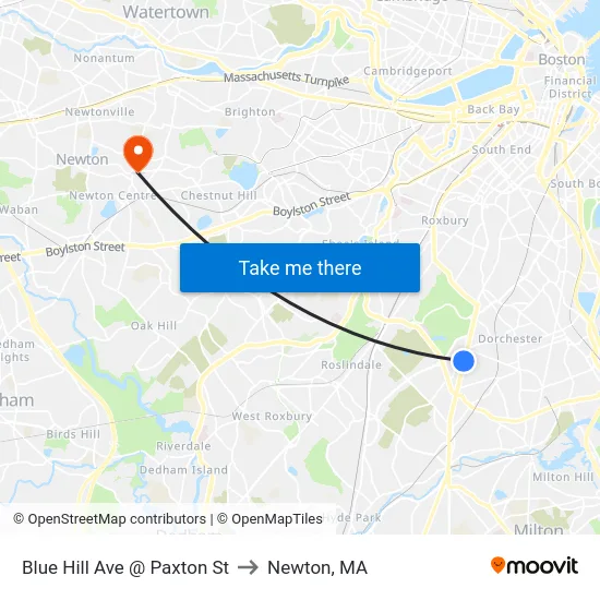 Blue Hill Ave @ Paxton St to Newton, MA map