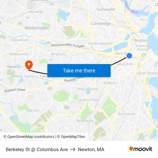 Berkeley St @ Columbus Ave to Newton, MA map