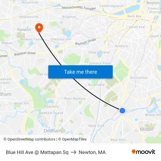 Blue Hill Ave @ Mattapan Sq to Newton, MA map