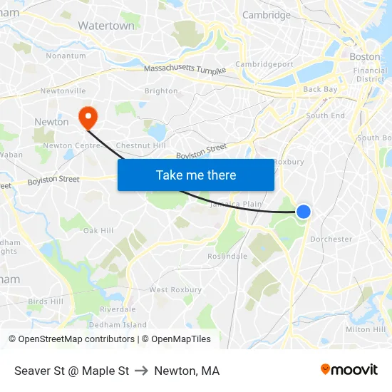 Seaver St @ Maple St to Newton, MA map