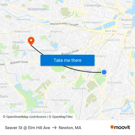 Seaver St @ Elm Hill Ave to Newton, MA map