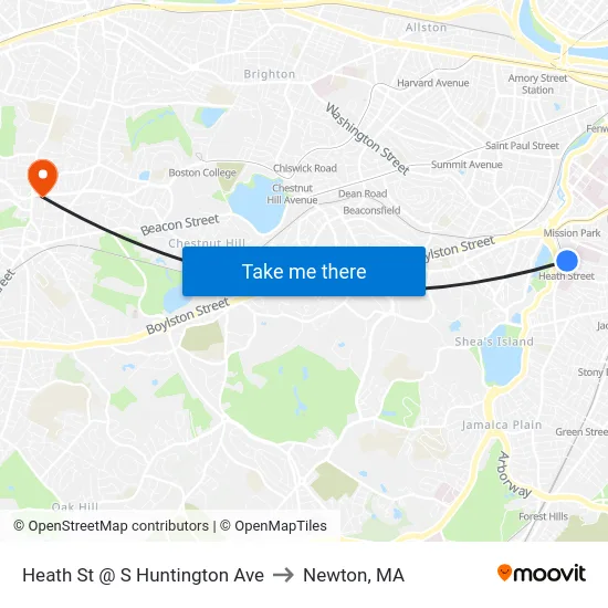 Heath St @ S Huntington Ave to Newton, MA map