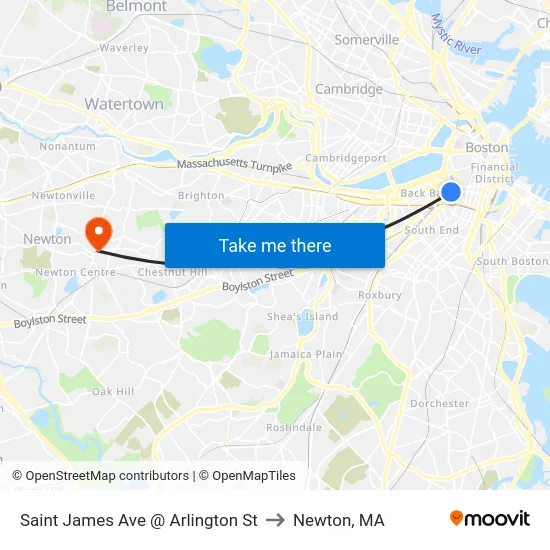Saint James Ave @ Arlington St to Newton, MA map