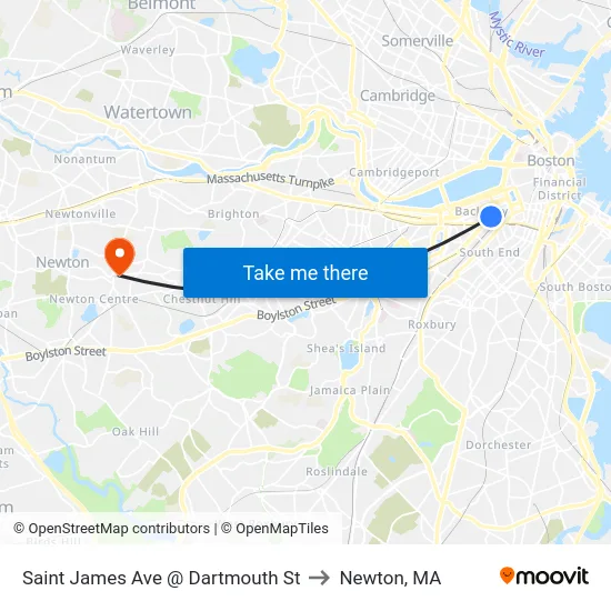 Saint James Ave @ Dartmouth St to Newton, MA map