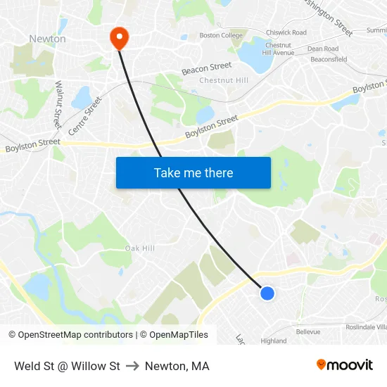 Weld St @ Willow St to Newton, MA map